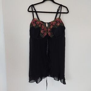 Cacique Plus Size Babydoll Black Floral Embroided Nightgown‎ Top Size 22/24